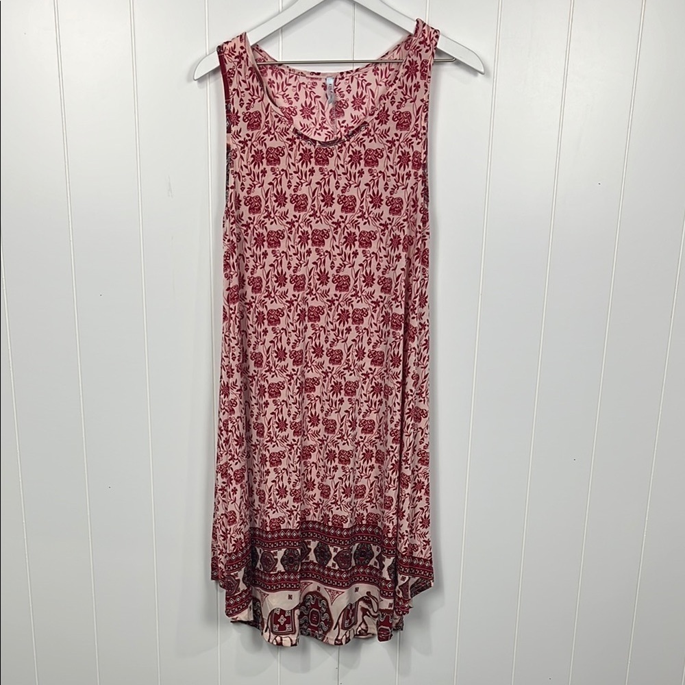 Isla Someta Womens Dress OS Red Pink Sleeveless Elephant Print Stretch 95% Poly